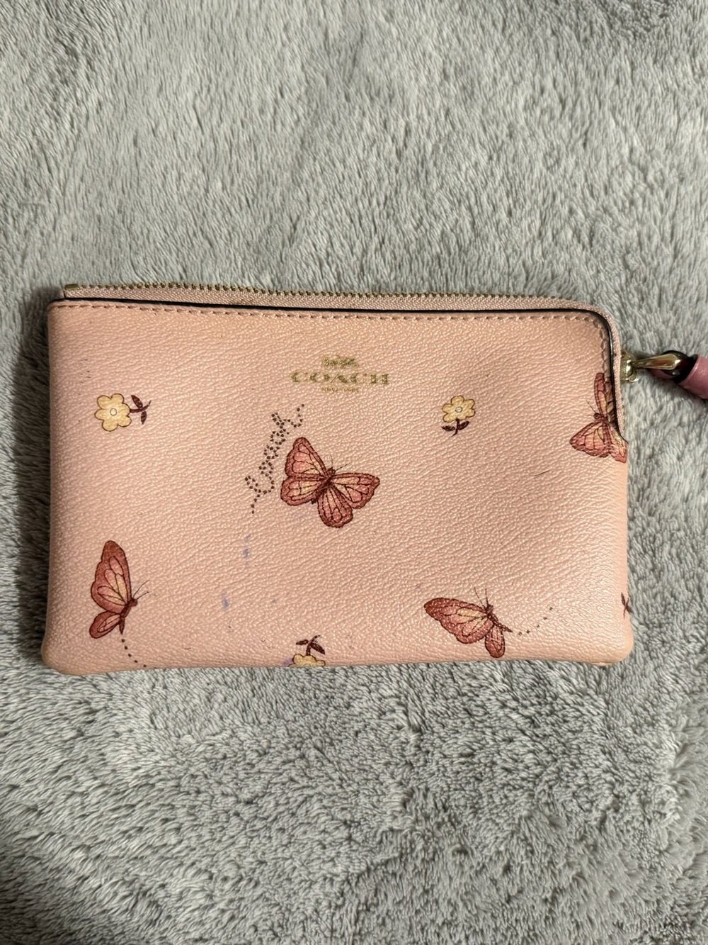 Coach Corner Zip Wristlet With Butterfly Print Floral Pink